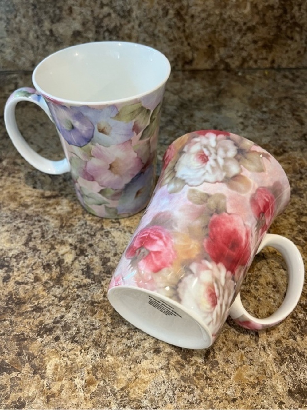 Gracie Bone China Floral Mugs - Pink & Lavender Flowers Set of Two 12 oz.